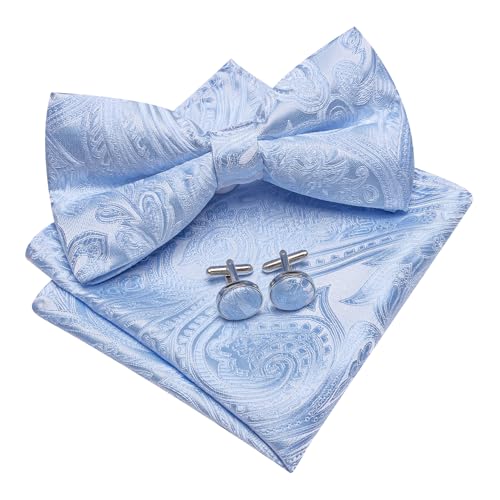 Image of YOHOWA Paisley Striped Men Bow Tie Pre-Tied Formal Adjustable Colorful Bowties Handkerchief Cufflinks Set Wedding Party