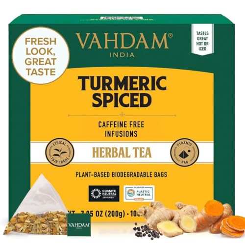 VAHDAM Té Herbal de Cúrcuma y Especias | 100 Bolsitas Piramidales | Sin Cafeína | Mezcla con Canela, Cardamomo, Jengibre, Clavo y Pimienta Negra | Ingredientes Naturales | Envasado en India VAHDAM Té Herbal de Cúrcuma y Especias | 100 Bolsitas Piramidales | Sin Cafeína | Mezcla con Canela, Cardamomo, Jengibre, Clavo y Pimienta Negra | Ingredientes Naturales | Envasado en India