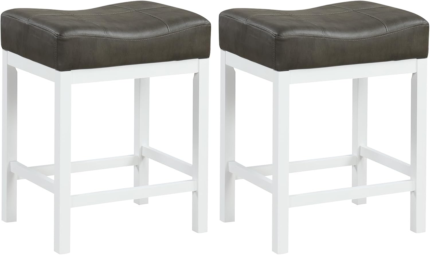 COSTWAY 24.5" Bar Stool Set of 2, Upholstered Breakfast Stools w/Solid Rubber Wood Frame, Humanized Footrest, Modern Saddle Counter Height Stools for Kitchen, Home Bar, Pub, Dark Grey+White