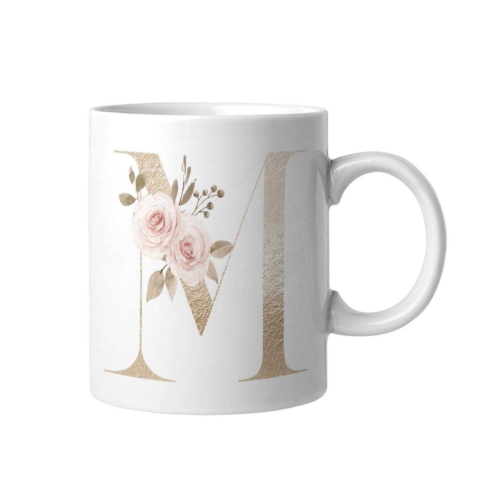Gold Pink Rose Floral Letter Initial M Ceramic Coffee Mug 11oz Novelty White Coffee Cup Tea Milk Juice Coffee Mug Funny for Girlfriend Boyfriend Man Women