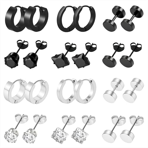 Pendientes de Acero Inoxidable Para Hombres Mujer 12 Pares Pendientes Hipoalergénico Piercing Punk Negro Redondos Pendientes para Uso Diario, Hip Hop, Fiesta de Halloween