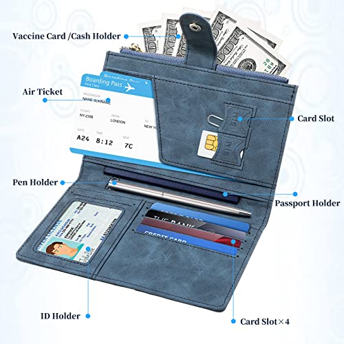 Passport Holder Rfid Blocking Passport And Vaccine Card Holder Combo, Leather Passport Cover Wallet Passport Case With Card Slots & Zipper Pocket, Passport Book Holder For Women And Men (Blue) #TOP2