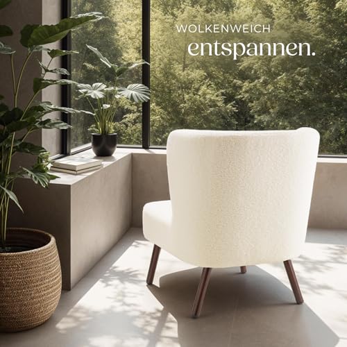 tectake® Teddy Cocktailsessel, Sessel mit kuscheligem Bouclé-Stoff im Scandi-Style, Couch Loungesessel mit Dicker Polsterung, Stahlbeine in Holzoptik, Relaxsessel für Wohnzimmer Schlafzimmer Büro