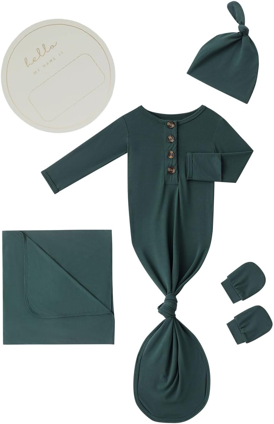 Newborn Baby Swaddle Blanket Set with Baby Knotted Gown, Mittens, Hat - Bamboo Viscose Receiving Blanket Bundle (Army Green)