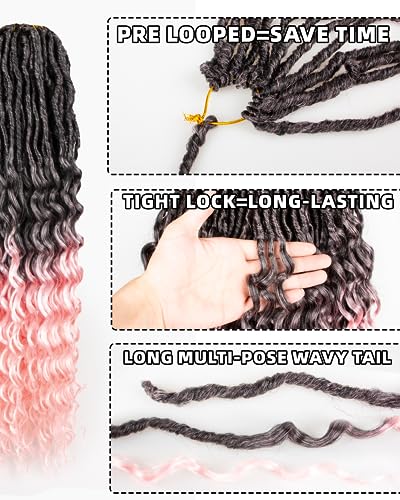 Goddess Faux Locs Crochet Hair - 24 Inches 8 Packs 112 Strands Pre Looped Ombre Black to Pink Synthetic Hair Extensions, Soft Goddess Locs Braids with Long Deep Wave Curly Ends(24"-8 Packs,T1B/Pink)