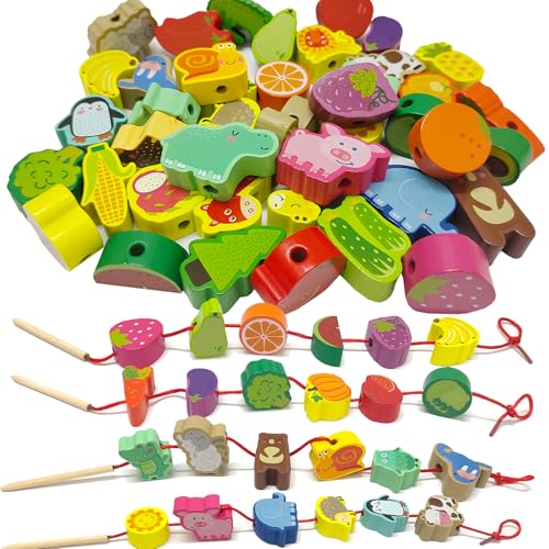 exinddea 46 PCS Wooden Lacing Beads,Animals Fruits Threading Toys for Toddlers,Preschool Learning Lacing Toys,Montessori Educational Stringing Threading Beads Toys for Kids 3 4 5 6 Year Old Boys Girls
