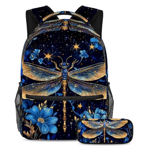 Sac à dos libellule bleu étoilé ensemble 2 pièces haute résistance à grande capacité