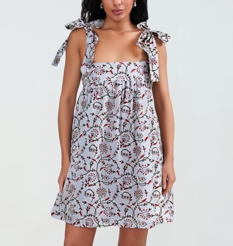 Image of Women Floral Tie Shoulder Mini Dress Cute Square Neck Loose Fit Beach Short Dress Backless Boho Vocation Sundress