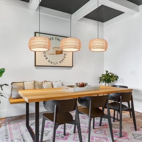 Meixisue MX-P2126-3 Rattan Boho Farmhouse Chandeliers Light Fixture,3 Lights Coastal Natural Hand Woven Fabric Drum Pendant Light For Dining Room Kitchen Island Hallway Bedroom Entryway Ul Listed thumb #1