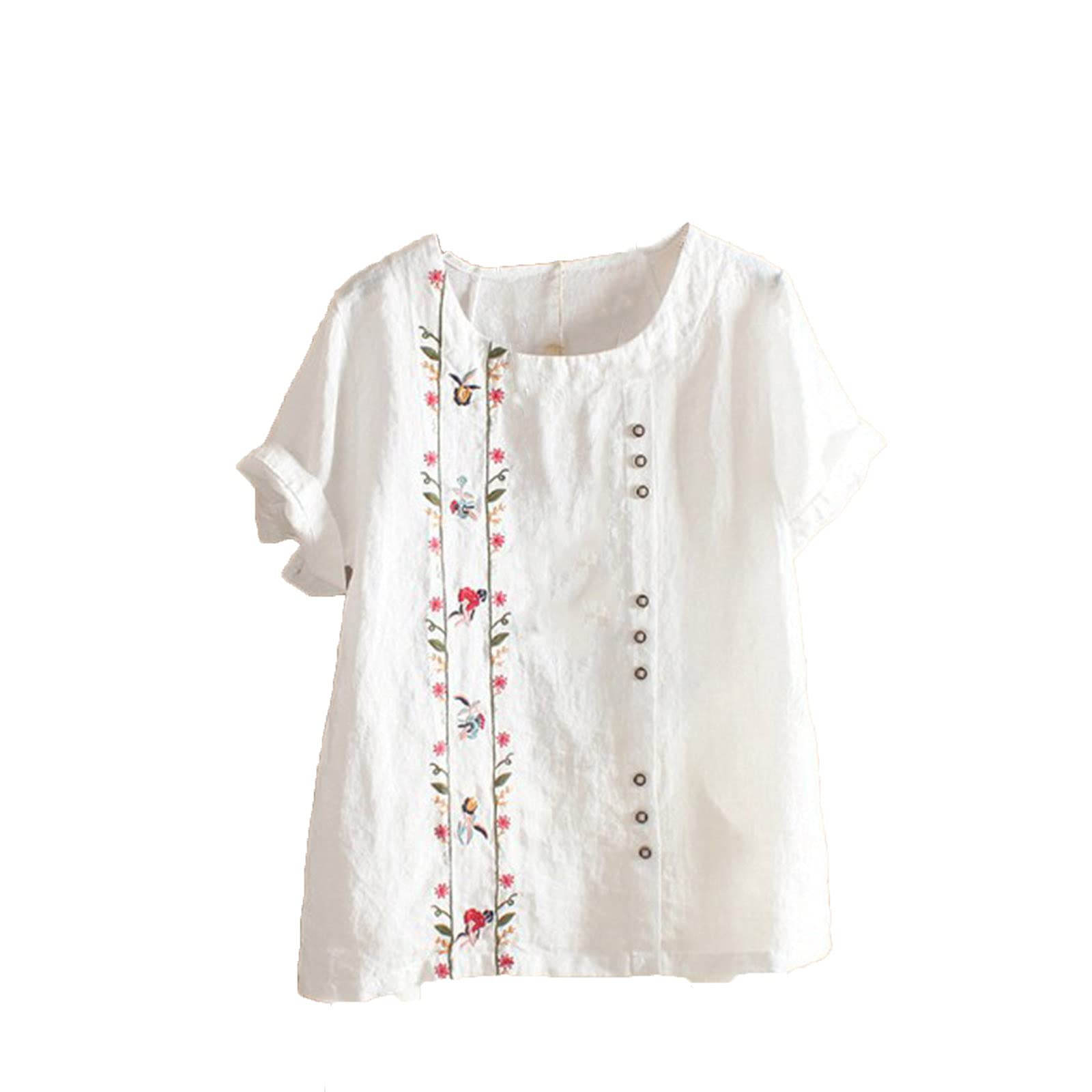 HAOLEI Tallas Grandes Camisetas Manga Corta Mujer,Camisa Lino Mujer de Cuello en Redondo con Botones Moda Lino y Algodón Camiseta con Floral Estampado Casual Corte Suelto Multicolor Pullover Tops