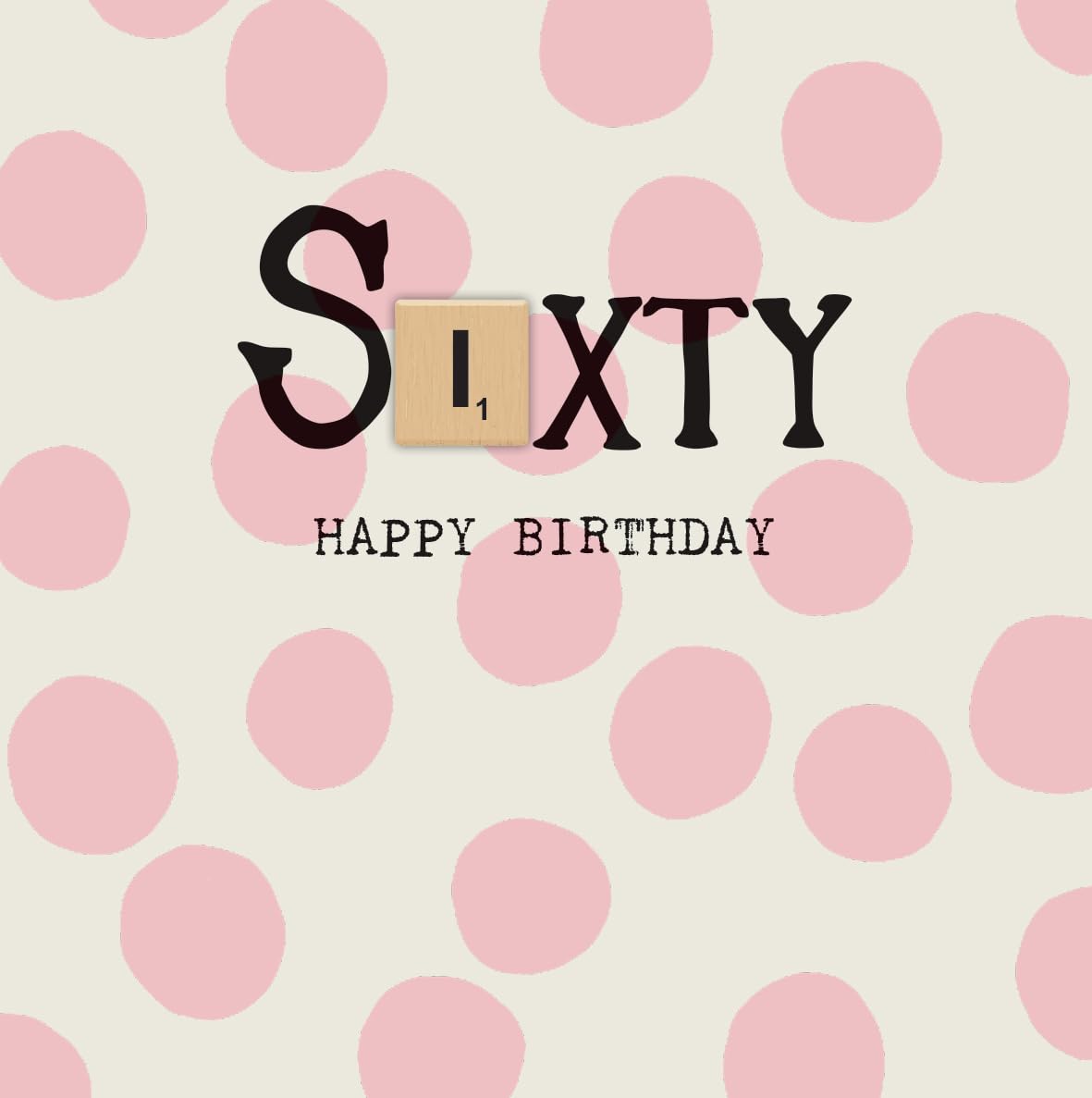 Bexy Boo 60th Birthday Card for Women, Pink Polka Dot Design, with Wooden Scrabble Tile Attachment, Standard Size, Milestone Greeting Card