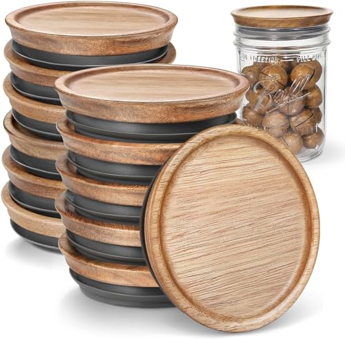 6 Regular Mouth and 6 Wide Mouth Wooden Mason Jar Lids for Ball/Mason Jars Reusable Acacia Wood Mason Jar Lids with Airtight Silicone Seal Perfect for Dry Food Storage (6PCS-Regular + 6PCS-Wide)