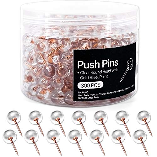 ViNUMEN Decorative Thumbtacks Push Pins 300 Count Rose Gold Map Tacks Thumb Tacks, Rose Gold Steel Point, Clear Plastic Round Head for Bulletin Board, Fabric Marking and Crafts Gift