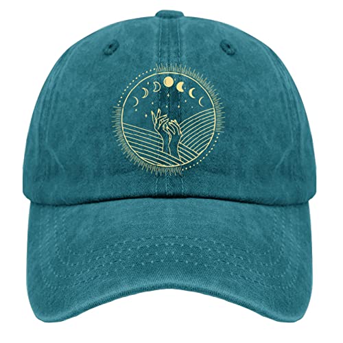 Dad Hats Moon Phases Star Sun Wave Trucker Cap for Men Graphic Washed Cotton Adjustable for Fishing Gift Cyan Blue