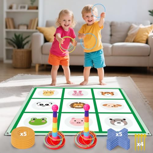 THLUSDY 2-in-1 Tic Tac Toe Game and Ring Toss Game for Kids, Family Games for Kids and Adults with Cute Animal Patterns and Colorful Ring Toss, for Christmas Party