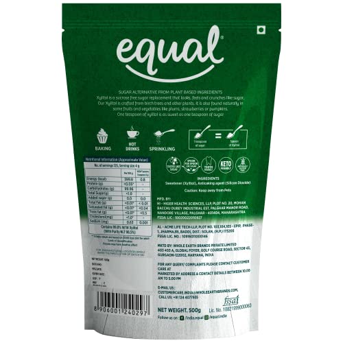 Image of Equal Xylitol Low Calorie Natural Sweetener| 100% Natural Sweetness from Xylitol | Low GI Sugar | Tooth Friendly | Tastes Just Like Sugar, 500g | Pack of 1