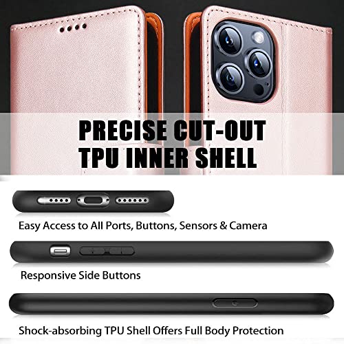 iWEOCO Compatible with iPhone 14 Pro Case Wallet Genuine Leather with Anti-Theft RFID Blocking Kickstand Strong Magnetic Clasp Closure Cash Credit Card Slots Protective 14 Pro Wallet Case (Rose Gold) by iWEOCO - Image 3