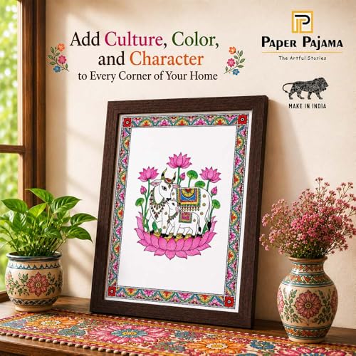Image of PAPER PAJAMA Vastu Kamdhenu Cow and Calf Wall Art for Living Room | Madhubani Sacred Cow Painting with Lotus | Traditional Mithila Framed Decor for Home, Office & Pooja Room (10x13 Inches)