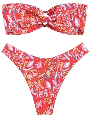 Image of ZAFUL Women's Bandeau Bikini O Ring Strapless Tie Back High Cut Two Piece Swimsuit Bathing Suits