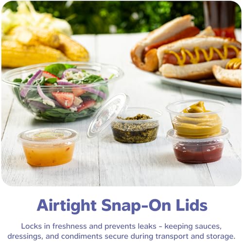 Image of GUSTO 3.25 oz Jello Shot Cups with Lids [100 Count] Clear Plastic Portion Containers, Condiment Cups for Sauces, Dressings & Samples - Durable, Stackable, Leak-Resistant (Formerly Comfy Package)