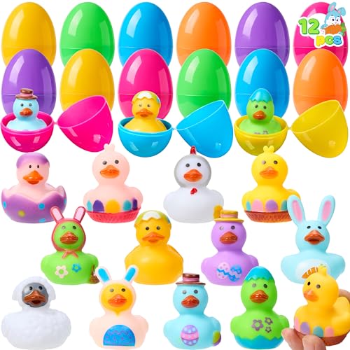 JOYIN 12 huevos de Pascua rellenos con pato de goma, coloridos huevos de Pascua con diferentes patos amarillos para divertirse, huevos de Pascua para accesorios de fiesta de Pascua, rellenos de cesta