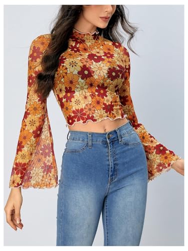 Verdusa Women's Bell Sleeve Lettuce Trim Mock Neck Floral Mesh Top Crop T Shirt3