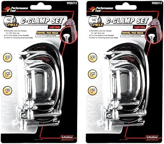 Performance Tool W86012 - Juego de abrazaderas en C de 3 piezas con marcos de hierro fundido maleable y cabezal de almohadilla giratoria para