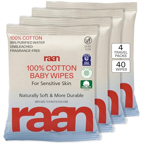Image of Raan, 100% Cotton TRAVEL PACKS Baby & Toddler Wipes, Unbleached, 99% Purified Water, Fragrance Free, EWG verified, Made for Sensitive Skin, Naturally Soft and Durable, 4 TRAVEL-PACK, 40 Count