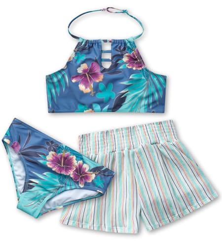 Image of Volcom Girls' Swimsuit Set - 3 Piece UPF50+ High Neck Bikini Top, Bikini Bottom and Matching Swim Shorts for Girls (2T-16)