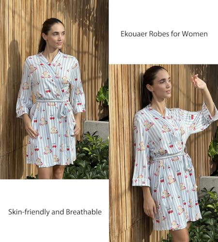 Image of Ekouaer Women Kimono Robes Knee Length Knit Bathrobe Lightweight Soft Sleepwear V-neck Casual Ladies Loungewear