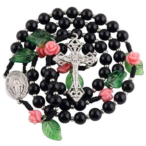 8mm Black Natural Stone Beads Catholic Rosary Necklace and Coral Rose Glory Beads with Flannel Bag for Women