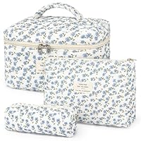 YMIFEEY 3 Stück Kosmetiktasche Kulturtasche Damen Kulturbeutel Make Up Tasche Groß Klein Set, Schminktasche Makeup Bag Waschtasche Reise Cosmetic Bag Beauty Case Organizer für Frauen (Blau Blumen)