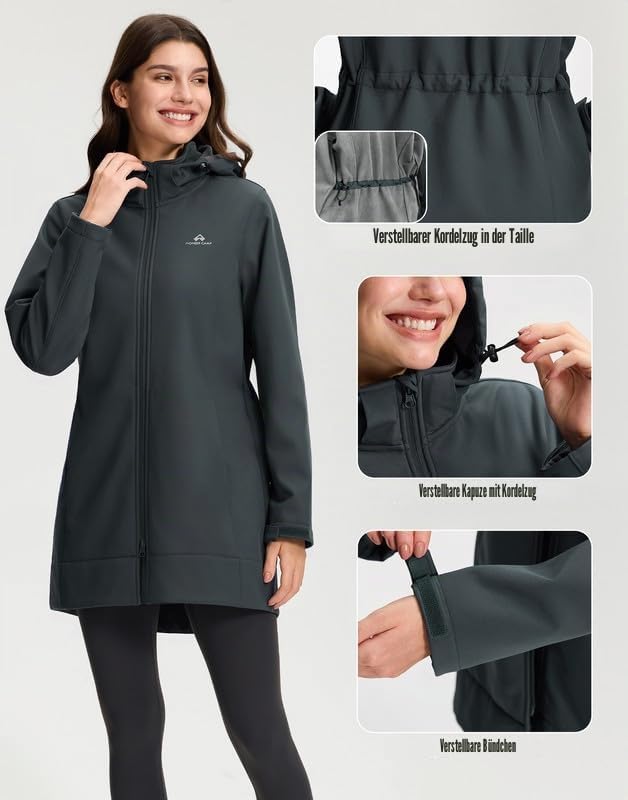 Pioneer Camp Softshelljacke für Damen Lang Fleece Softshellmantel mit Kapuze Wasserdicht & Winddicht Jackes Verstellbare Taille Regenparka mit ReißVerschluss Taschen für Wandern für Wandern Laufen