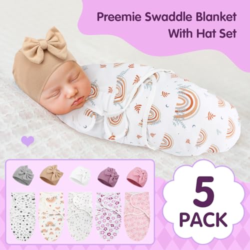 Image of Fanfanwin 5 Pack Preemie Swaddle Blanket Wrap with Hat Set Cotton Preemie Baby Clothes Hat Receiving Blanket for 3-7 Lbs Newborn Boys Girls(Bow)