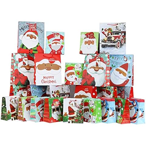 Iconikal Large and Medium Gift Bags for Christmas, Black Santa Claus, 24-Pack Cover