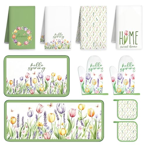 10 Pcs Tulip Floral Spring Style Kitchen Decor and Accessories Set 4 Kitchen Towels 2 Pot Holders 2 Oven Mitts 2 Rugs for Cooking Baking Mom Housewarming Gifts(Green and White)