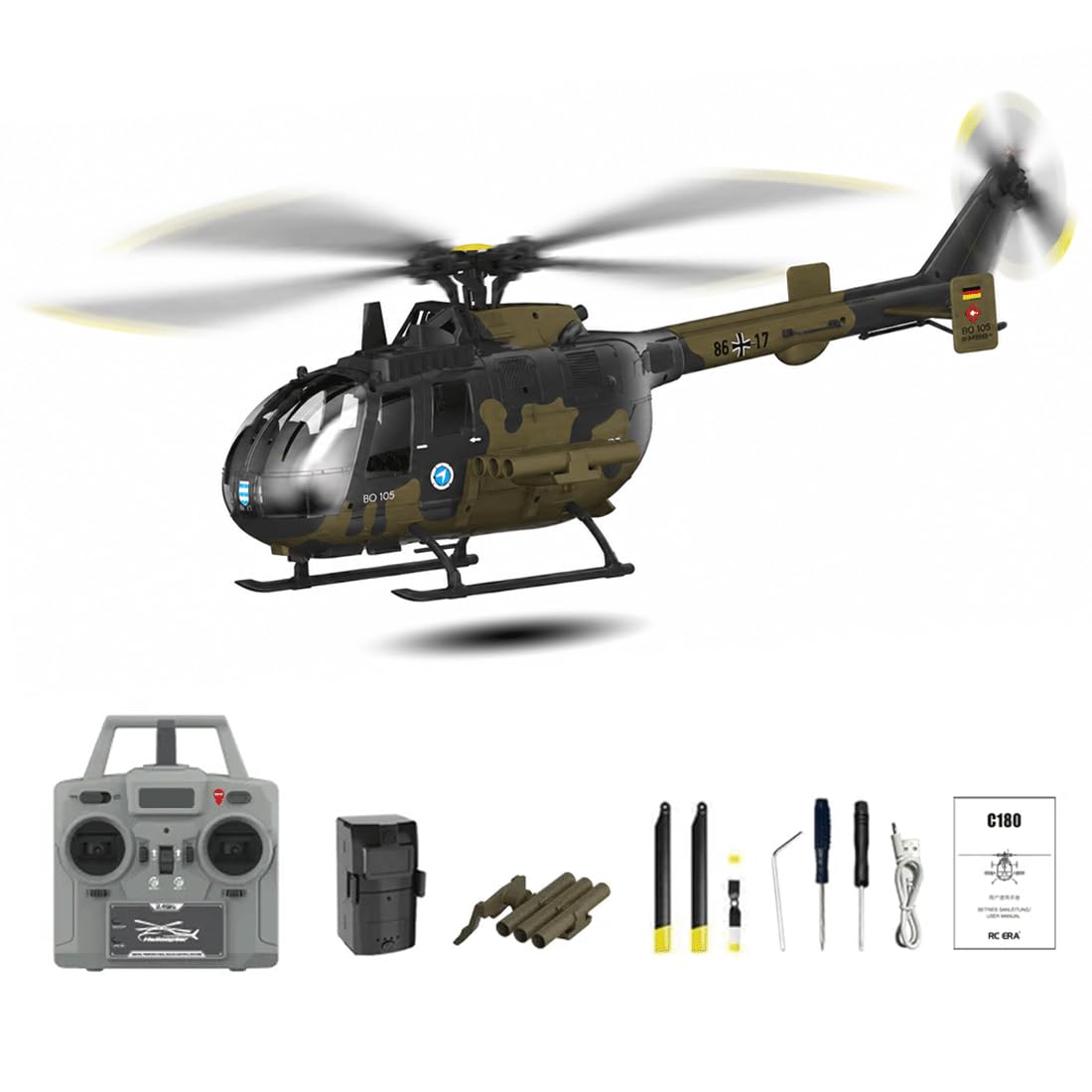 NULA RC-ERA C180 1:25 Scale 6CH RC Helicopter With Brushless Motor, 6-Axis Gyro, TOF LiDAR Altitude Hold & Optical Flow Positioning, Single Rotor Military Aircraft - RTF /1 Battery