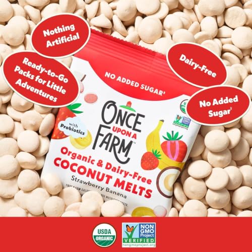 Image of Once Upon a Farm Organic Coconut Melts, Strawberry, 30 Ct, Dairy Free | Once Upon A Farm Organic Coconut Melts with Probiotics, Strawberry Banana, Dairy Free, Non GMO, .25 oz, 30ct