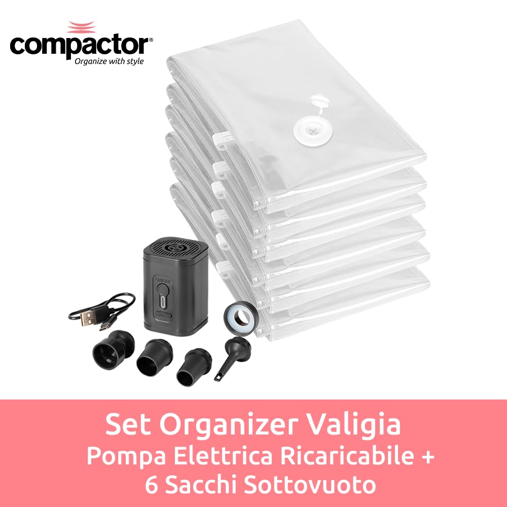 Compactor Sacchi Sottovuoto da Viaggio per Valigia Smart Travel – Set 7 Pezzi con Pompa Elettrica Ricaricabile e 6 Sacchetti Salvaspazio 40x60 cm