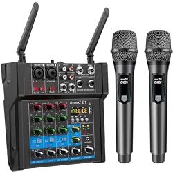 Aveek 150W x2 Powered Amplifier Audio Mixer,4 Channel with Dual Wireless Mic Sound Board Console MP3 Digital USB Bluetooth Computer Input 48V Phantom Power Stereo DJ Mixing for Karaoke Party