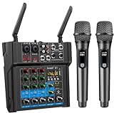 Aveek 150W x2 Powered Amplifier Audio Mixer,4 Channel with Dual Wireless Mic Sound Board Console MP3 Digital USB Bluetooth Computer Input 48V Phantom Power Stereo DJ Mixing for Karaoke Party