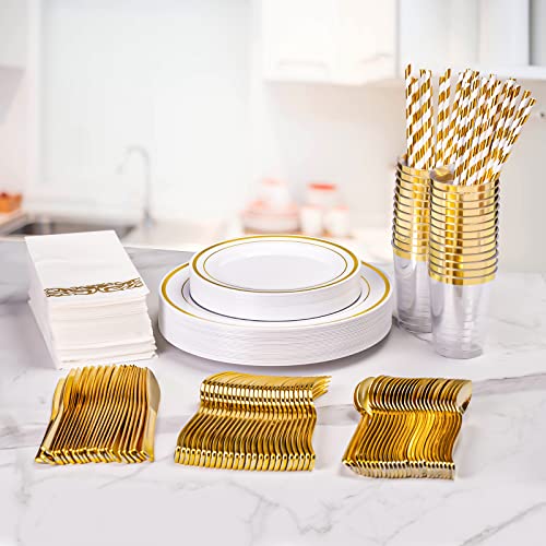 200Pcs Plastic Disposable Dinnerware Sets, Gold Rim Plates, Gold Cutlery, Clear Cups, Paper Straws, Linen-Like Napkins. Plastic Tableware Served For 25 Guests Wedding, Birthday, Thanksgiving，Halloween #TOP5