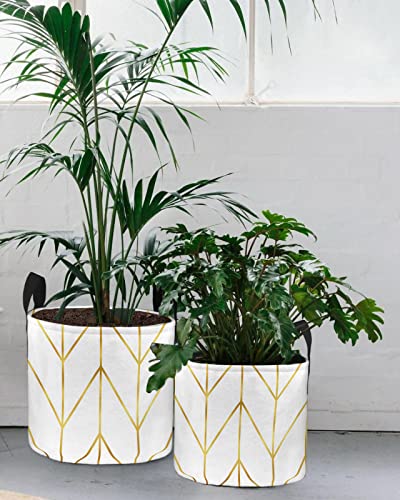 Zfuncing 3 Gallon Grow Bags Golden Lines Chevron Geometry - Thickened Garden Planting Bag With Handles,Abstract Herringbone On White Felt Fabric Planter Pots For Vegetables Potato Tomato #TOP1