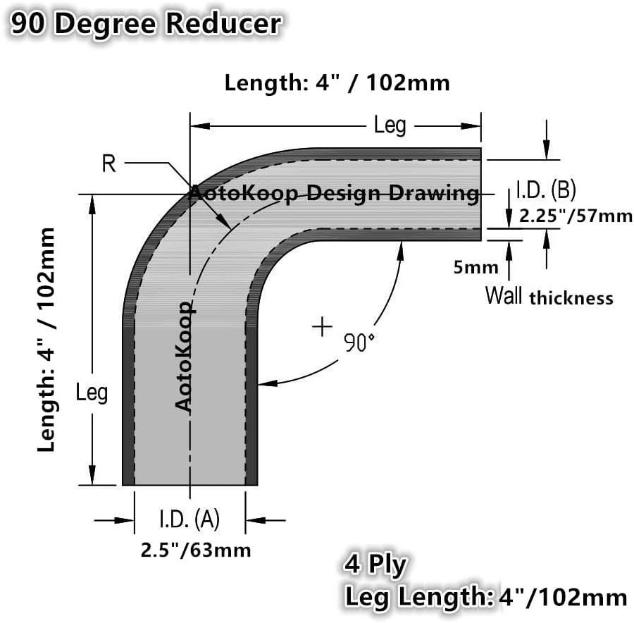 2.25" to 2.5" (57 to 63mm) ID 90 Degree Silicone Reducer Coupler, 4" (102mm) Long Leg for Turbo Intake, 4-Ply Reinforced with 2 T to Bolt Clamps, Black