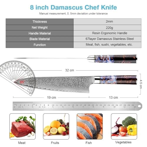 Chef's Knives, 8 Inch Damascus Japanese Chef Knife, Ultra Sharp Damascus Kitchen Knife Resin Handle Kitchen Cooking Chef's Knives