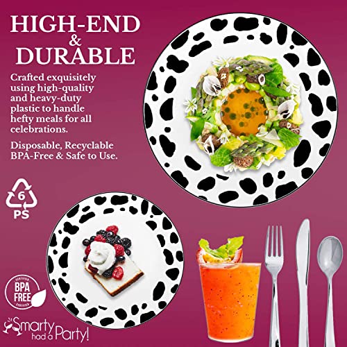 White Plastic Plates Wedding Value Sets, Disposable Jungle Theme Round Design Dinner & Salad Dishes, Silver Cutlery (Spoon, Fork, Knife) Clear Cups (60 Person Package, White With Black Dalmatian) #TOP2
