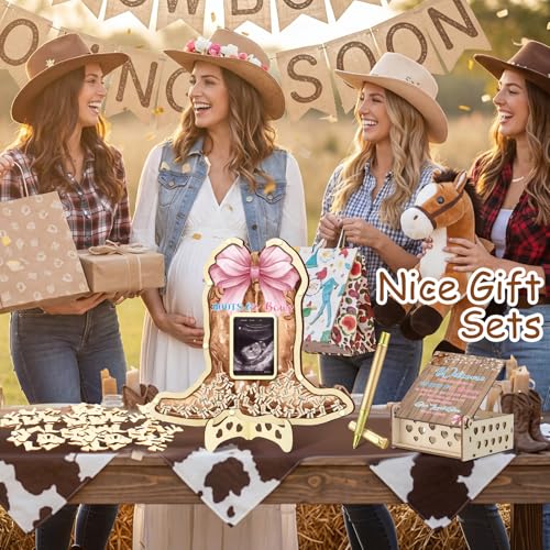 Image of Wenqik 63 Pcs Boots or Bows Gender Reveal Baby Shower Guest Book Alternatives Set Baby Shower Decorations with Photo Frame Sonogram Frame Keepsake 60 Wood Slices Guest Book for Birthday