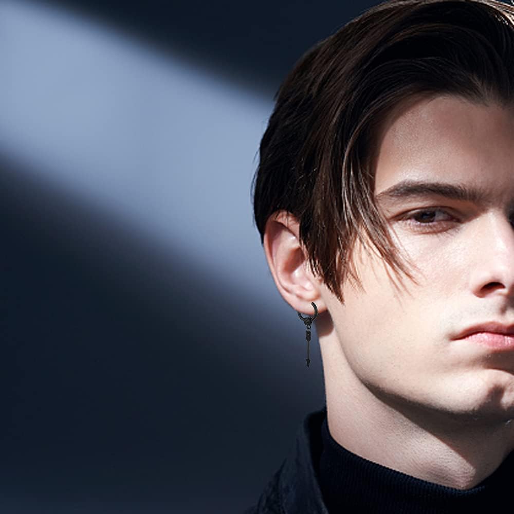 Feather Earrings For Men Women Black Stainless Steel Stylish Kpop Punk Rock Hip Hop Edgy Gothic Cool Mens Arrow Dangle Huggie Hoop Earrings Jewelry Set For - Image 2