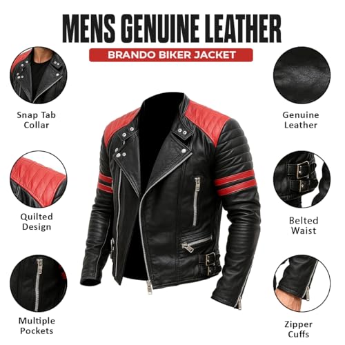 Mens Café Racer Brando Red Stripes Vintage Retro Quilted Motorcycle Biker Black Lambskin Leather Jacket2