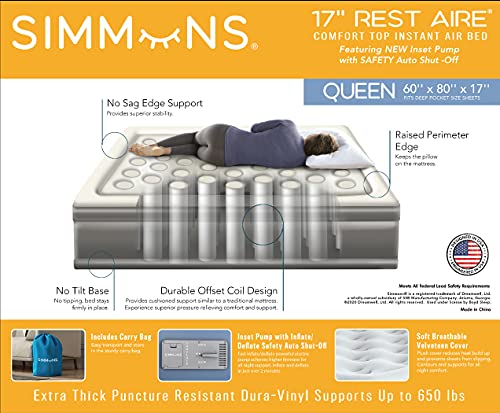 Simmons Rest Aire Mattress Air Bed With Side Built-In Pump And Soft Velveteen Topper, 17" Queen #TOP2